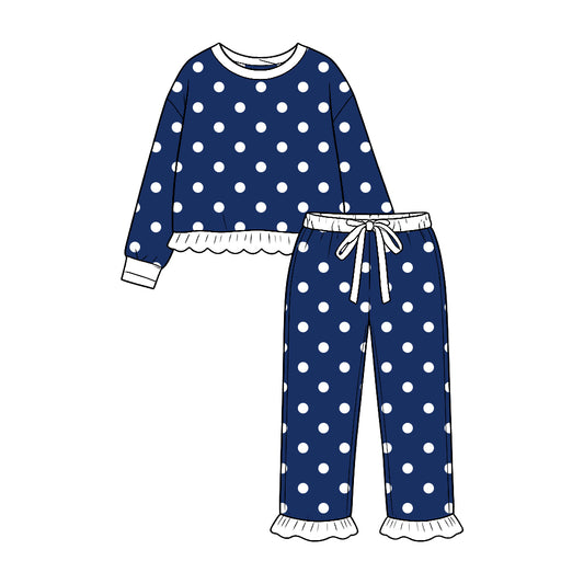 9.16 GLP3903 Preorder White Dots Navy Print Girls Ruffle Clothes Set