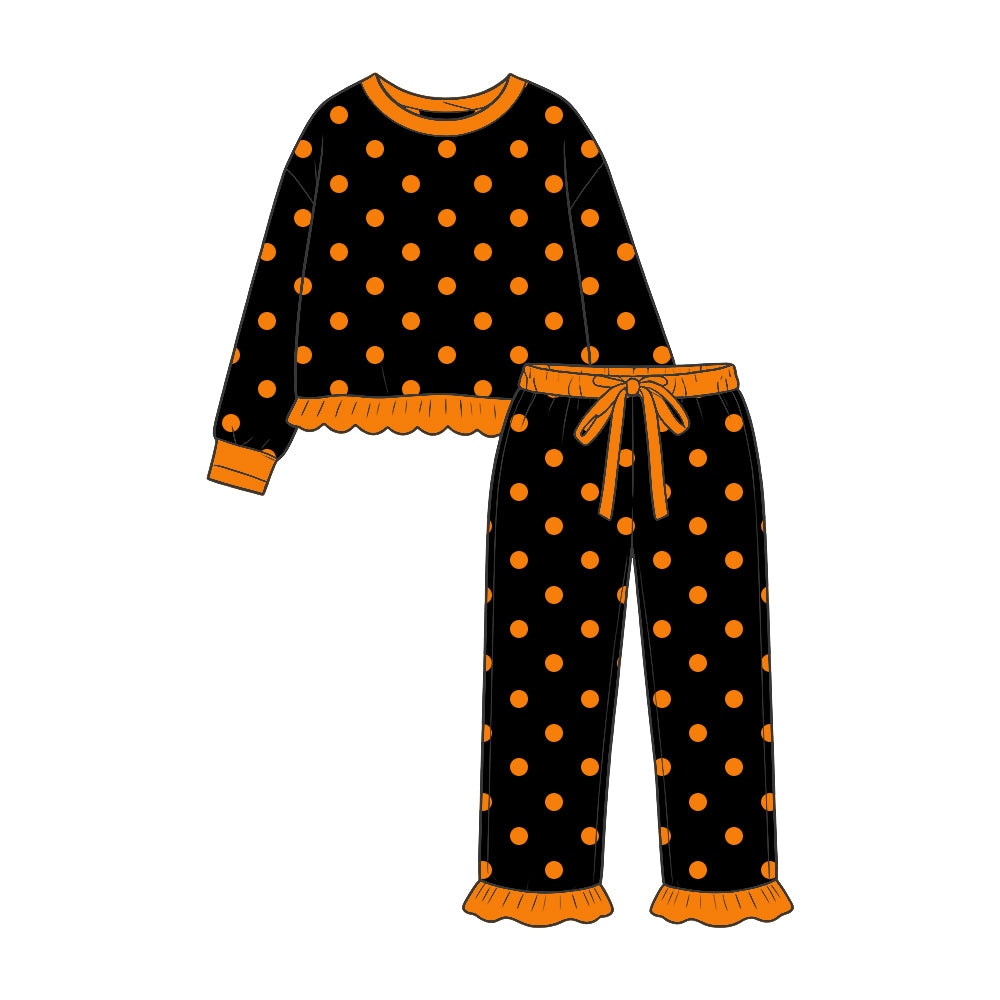 9.16 GLP3905 Preorder Orange Dots Black Print Girls Ruffle Clothes Set