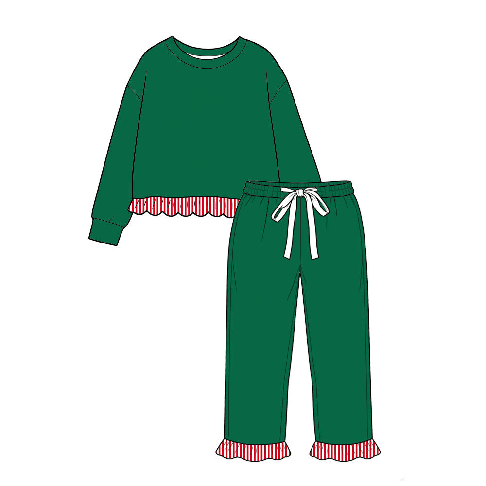 9.17 GLP39087 Preorder Kids Boys Green Long Sleeve Top Pants Outfit with Red Striped Ruffle