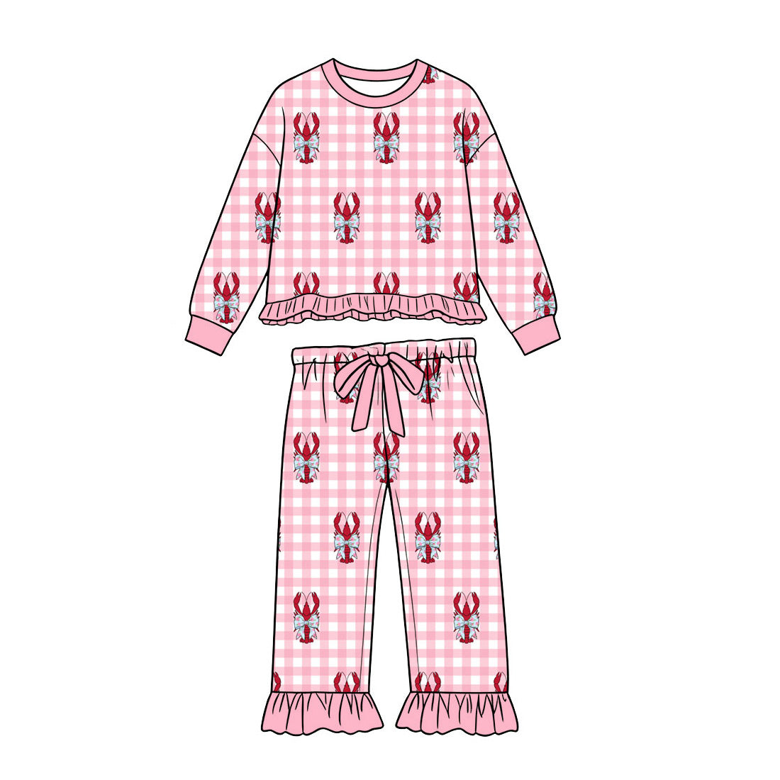 9.18 GLP3909 Preorder Baby Girls Crawfish Bow Pink Gingham Long Sleeve Top Pocket Pants Set