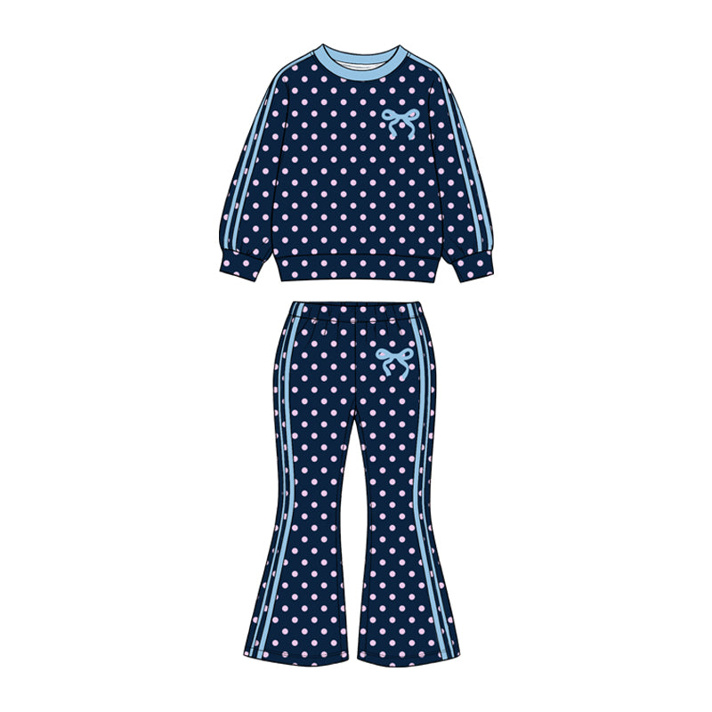 GLP3910 Preorder Baby Girls Navy Pink Polka Dot Bow Long Sleeve Top Bell Bottom Pants Outfit