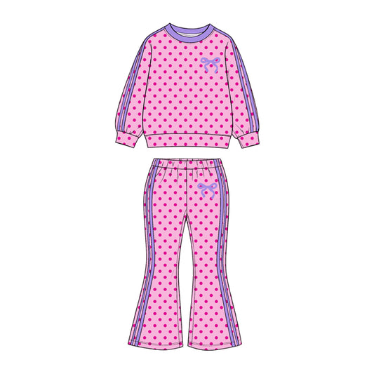 GLP3911 Preorder Baby Girls  Hot Pink Polka Dot Bow Long Sleeve Top Bell Bottom Pants Outfit