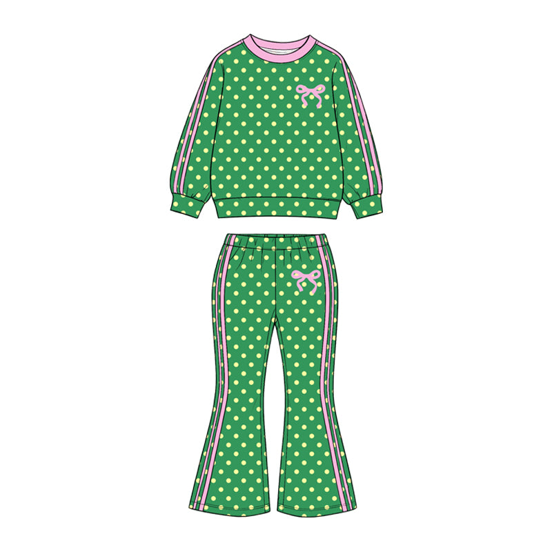 GLP3912 Preorder Baby Girls  Green Polka Dot Bow Long Sleeve Top Bell Bottom Pants Outfit