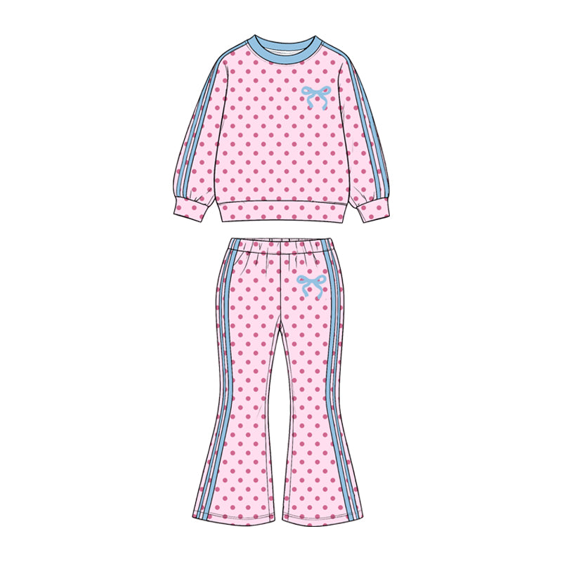 GLP3913 Preorder Baby Girls  Pink Polka Dot Bow Long Sleeve Top Flare Pants Outfit