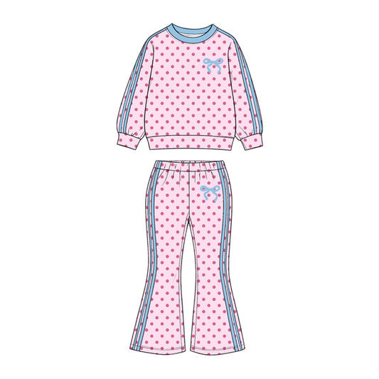GLP3913 Preorder Baby Girls  Pink Polka Dot Bow Long Sleeve Top Flare Pants Outfit