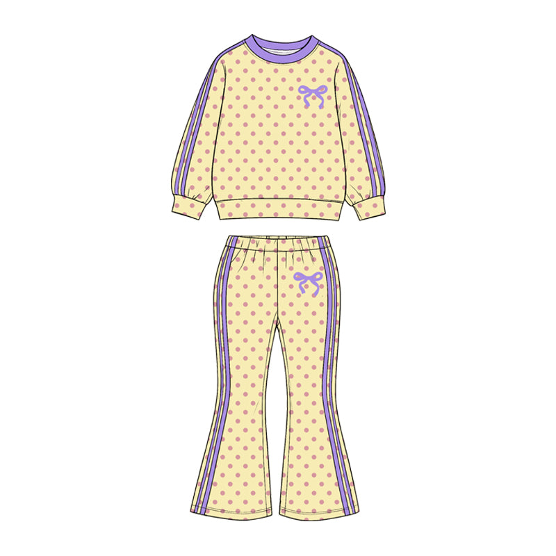 GLP3914 Preorder Baby Girls  Pink Yellow Polka Dot Bow Long Sleeve Top Flare Pants Outfit