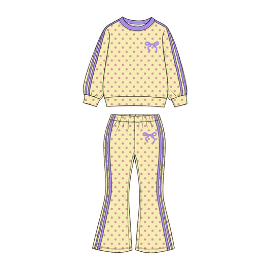 GLP3914 Preorder Baby Girls  Pink Yellow Polka Dot Bow Long Sleeve Top Flare Pants Outfit