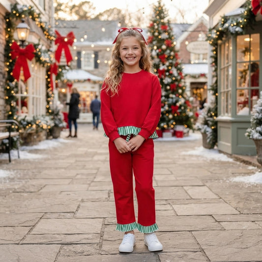 GLP3916 Red Long Sleeve Top Ruffle Pants Girls Christmas Clothes Set