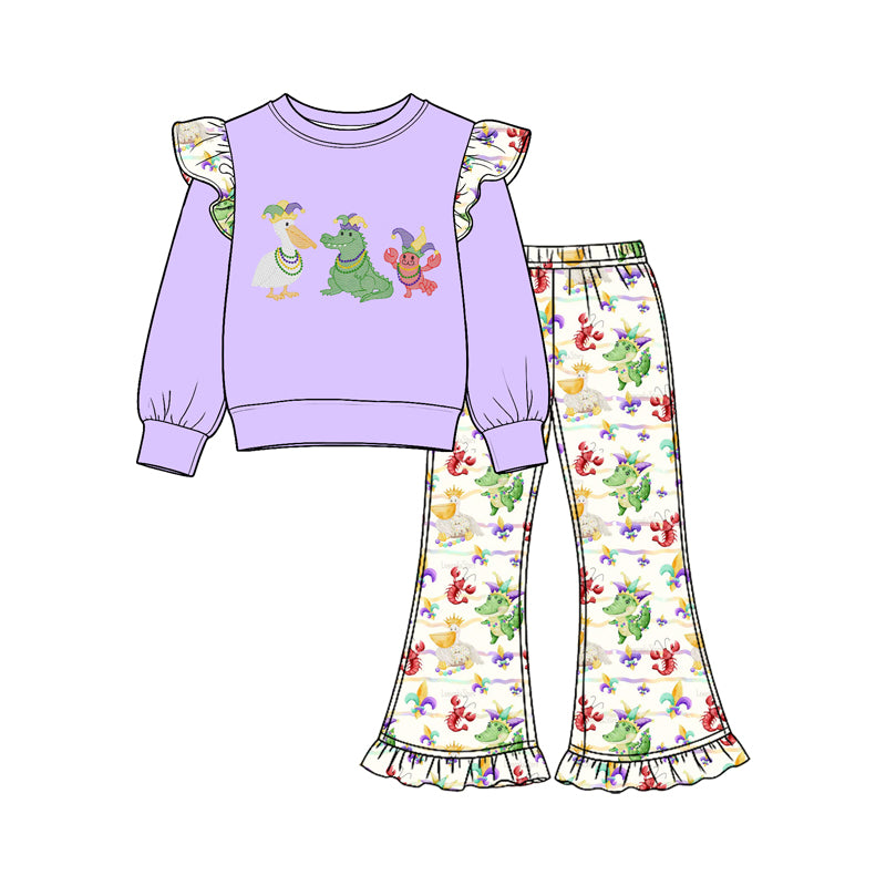 9.22 GLP3923 Preorder Pelicans Crocodile Crayfish Purple Top Checkered Bell Pants Girls Mardi Gras Clothes Set