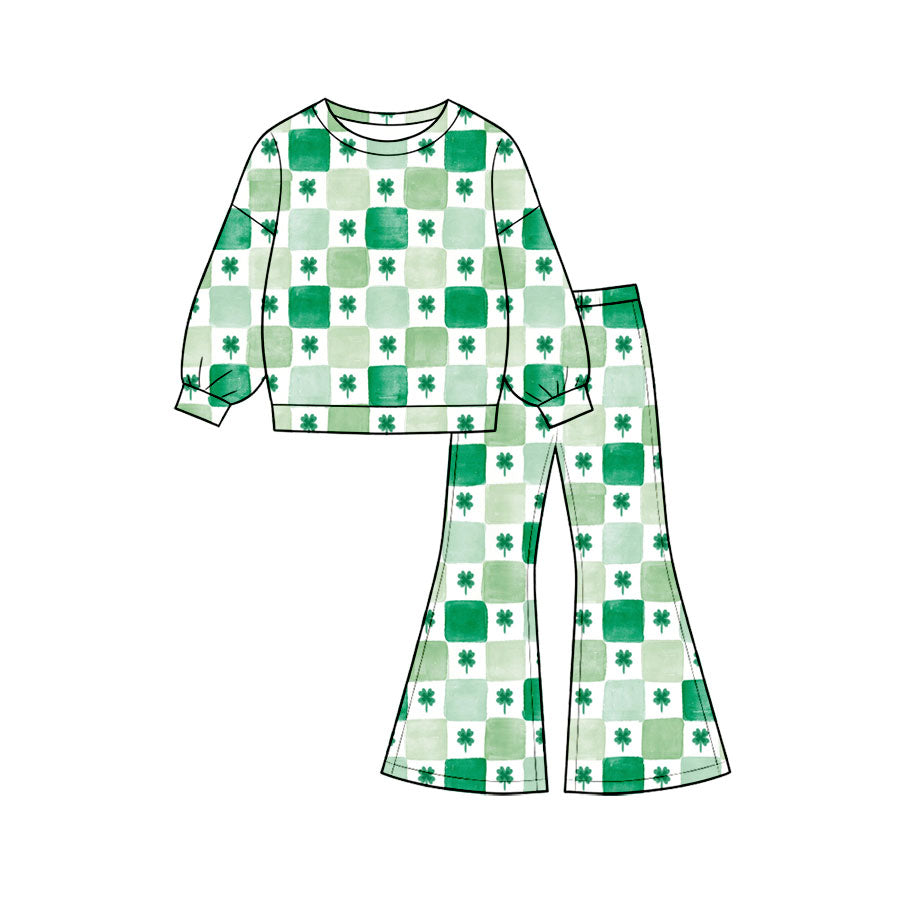 9.22 Preorder GLP3925 Baby Girls St Patrick's Day Green Checkered Clover Long Sleeve Pajama Set