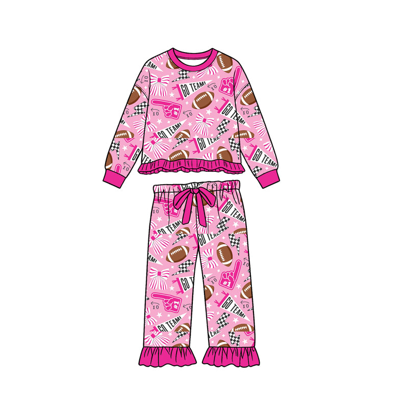 9.22 Preorder GLP3926 Kids Girls Go Team Football Long Sleeve Pajama Set with Ruffle