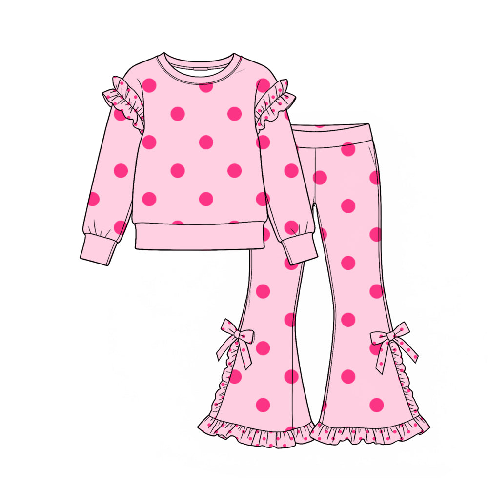 9.23 Preorder GLP3928 Pink Dots Print Long Sleeve Top Bell Pants Girls Ruffle Clothes Set