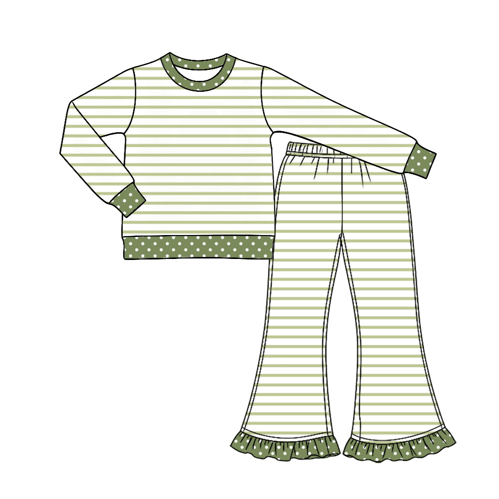 9.23 Preorder GLP3931 Green Stripes Dots Print Long Sleeve Top Bell Pants Girls Ruffle Clothes Set