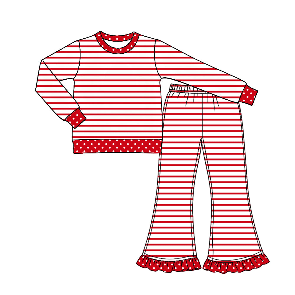 9.23 Preorder GLP3932 Red Stripes Dots Print Long Sleeve Top Bell Pants Girls Ruffle Clothes Set