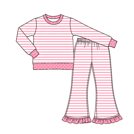 9.23 Preorder GLP3934 Pink Stripes Dots Print Long Sleeve Top Bell Pants Girls Ruffle Clothes Set