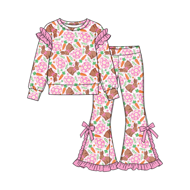 9.25 GLP3938 Preorder Bunny Eggs Carrot Checkered Print Long Sleeve Top Bell Pants Girls Easter Ruffle Clothes Set