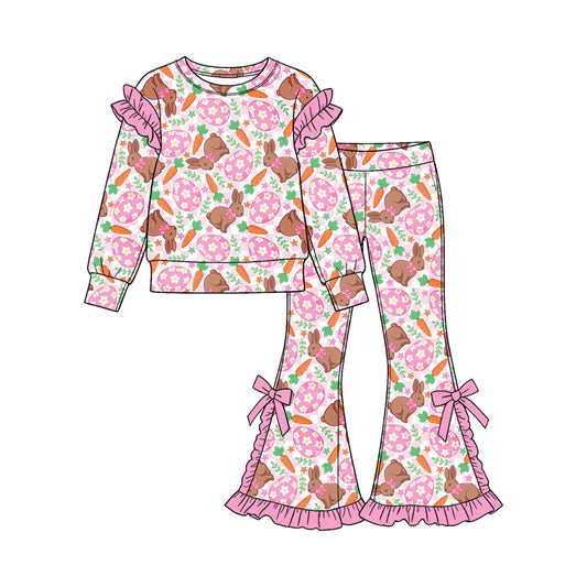 9.25 GLP3938 Preorder Bunny Eggs Carrot Checkered Print Long Sleeve Top Bell Pants Girls Easter Ruffle Clothes Set