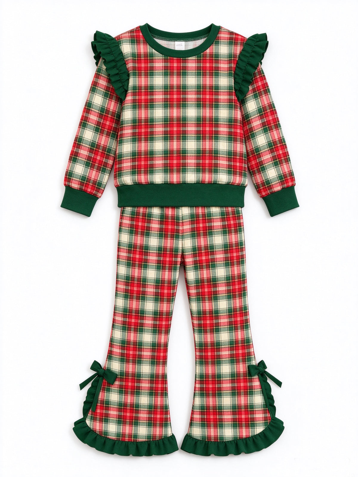 9.25 Preorder Kids Girls Christmas Ruffle Long Sleeve Top with Bell Botton Pants Outfit