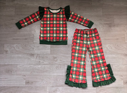 9.25 GLP3941 Preorder Red Green Checkered Print Long Sleeve Top Bell Pants Girls Christmas Ruffle Clothes Set