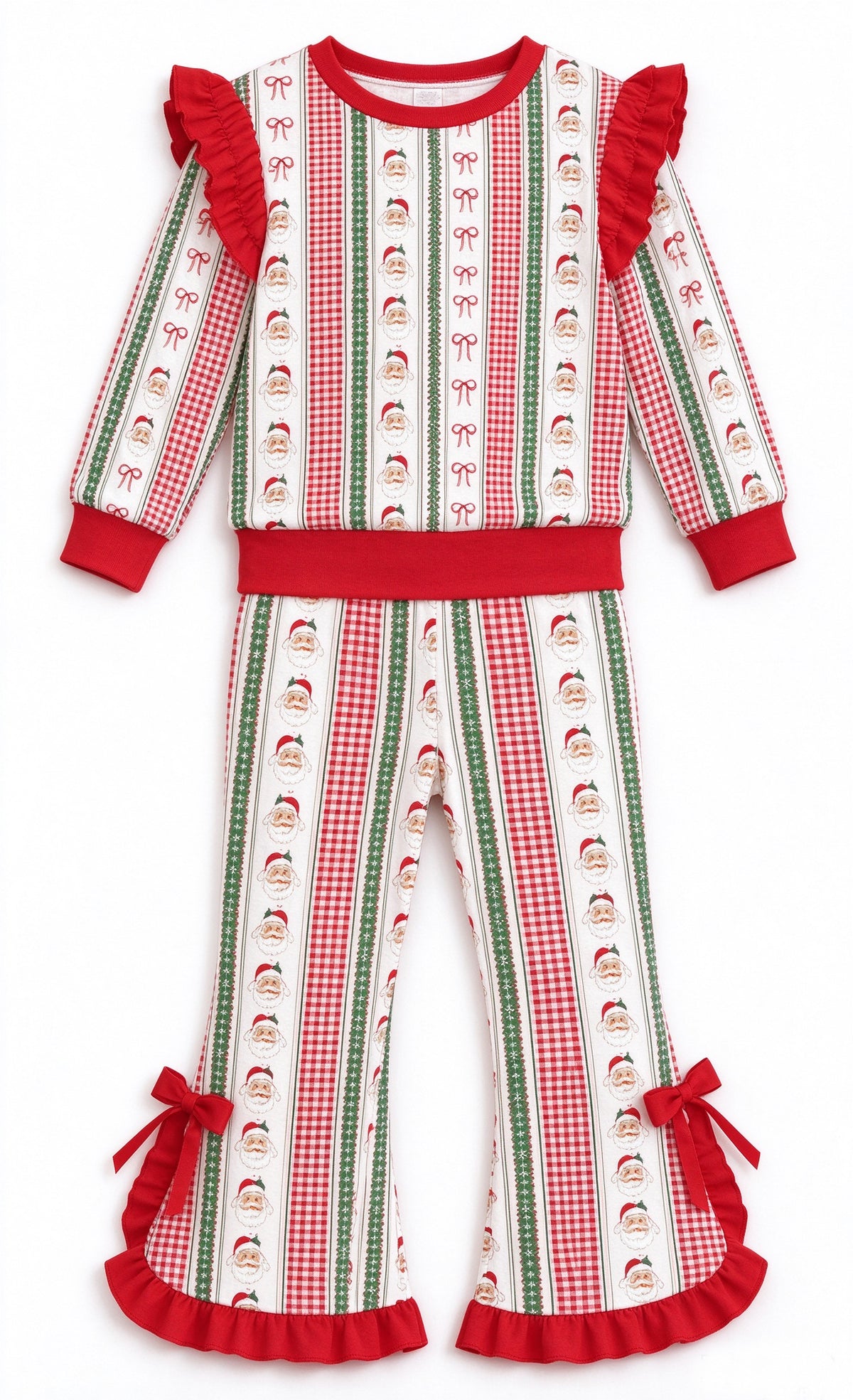 9.25 Preorder Kids Girls Christmas Ruffle Long Sleeve Top with Bell Botton Pants Outfit