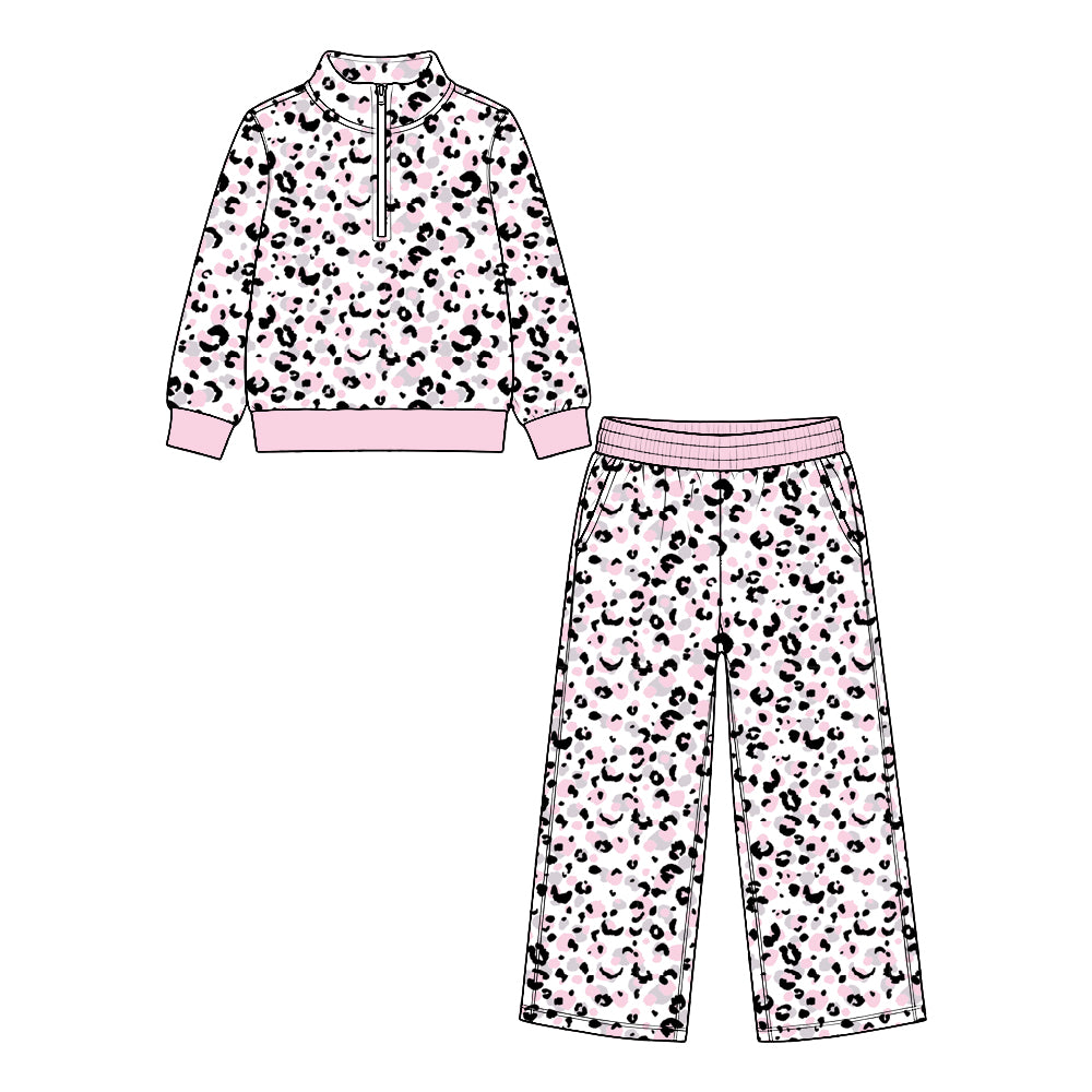 9.28 GLP3943 Preorder Pink Leopard Zipper Pullover Top Pockets Straight Pants Girls Clothes Set