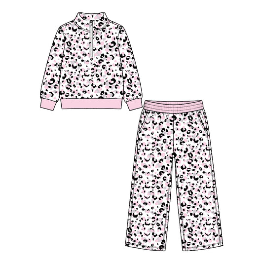 9.28 GLP3943 Preorder Pink Leopard Zipper Pullover Top Pockets Straight Pants Girls Clothes Set