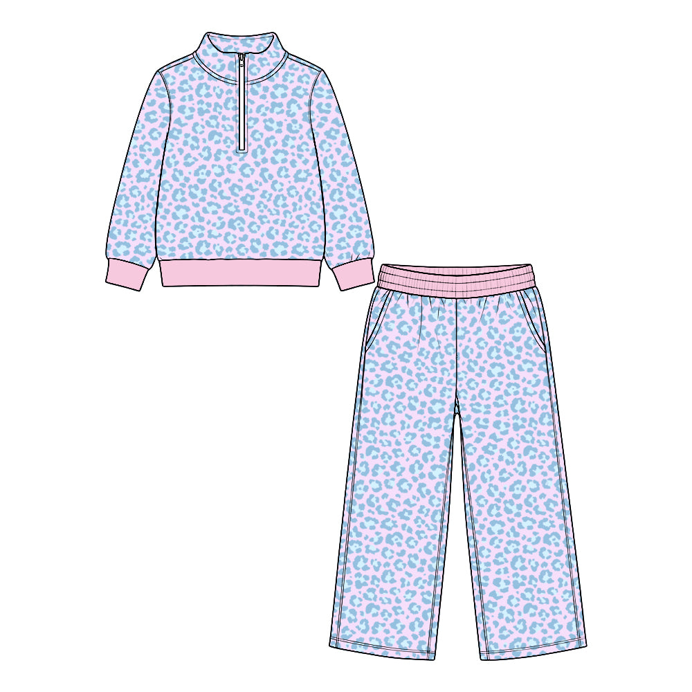 9.28 GLP3944 Preorder Pink Blue Leopard Zipper Pullover Top Pockets Straight Pants Girls Clothes Set