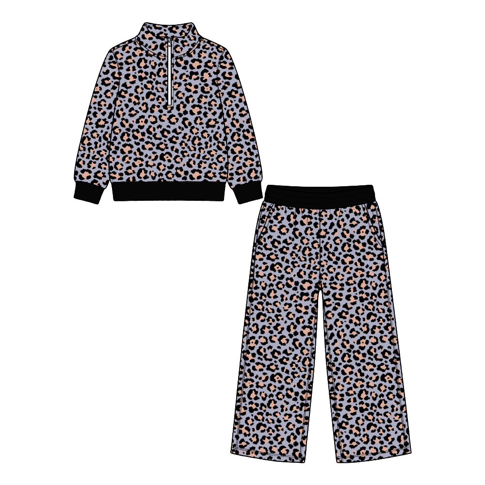 9.28 GLP3946 Preorder Light Purple Leopard Zipper Pullover Top Pockets Straight Pants Girls Clothes Set