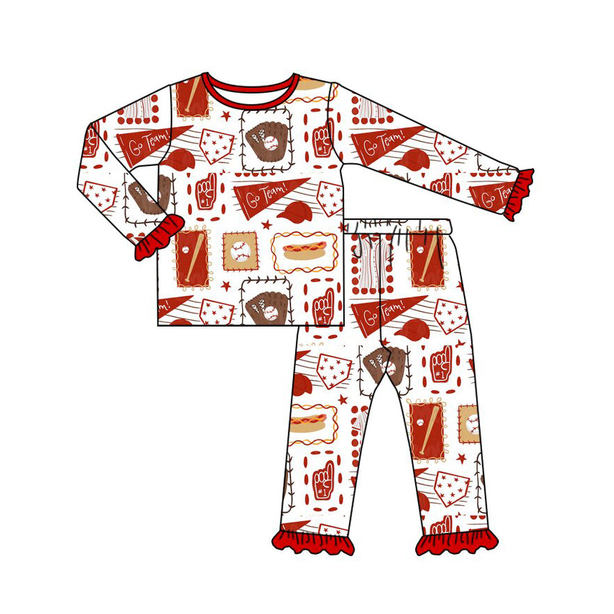 9.29 Preorder GLP3949 Kids Girls Go Team Baseball Long Sleeve Pajama Set with Ruffle