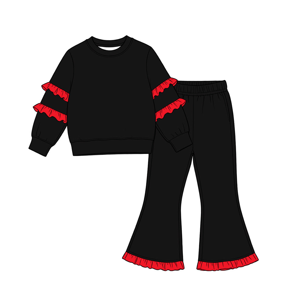 9.29 Preorder GLP3950 Kids Girls Black Long Sleeve Top Bell Bottom Pants Outfit with Red Ruffle