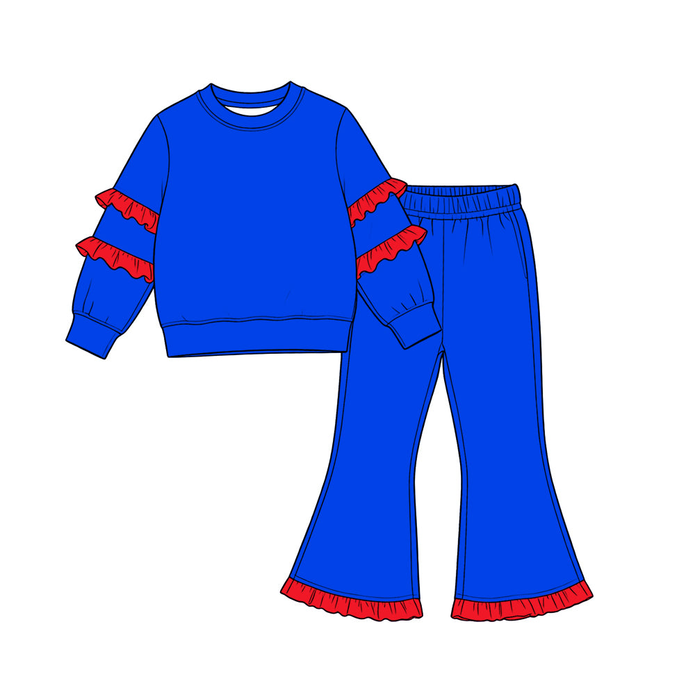9.29 Preorder GLP3951 Kids Girls Royal Blue Long Sleeve Top Bell Bottom Pants Outfit with Red Ruffle