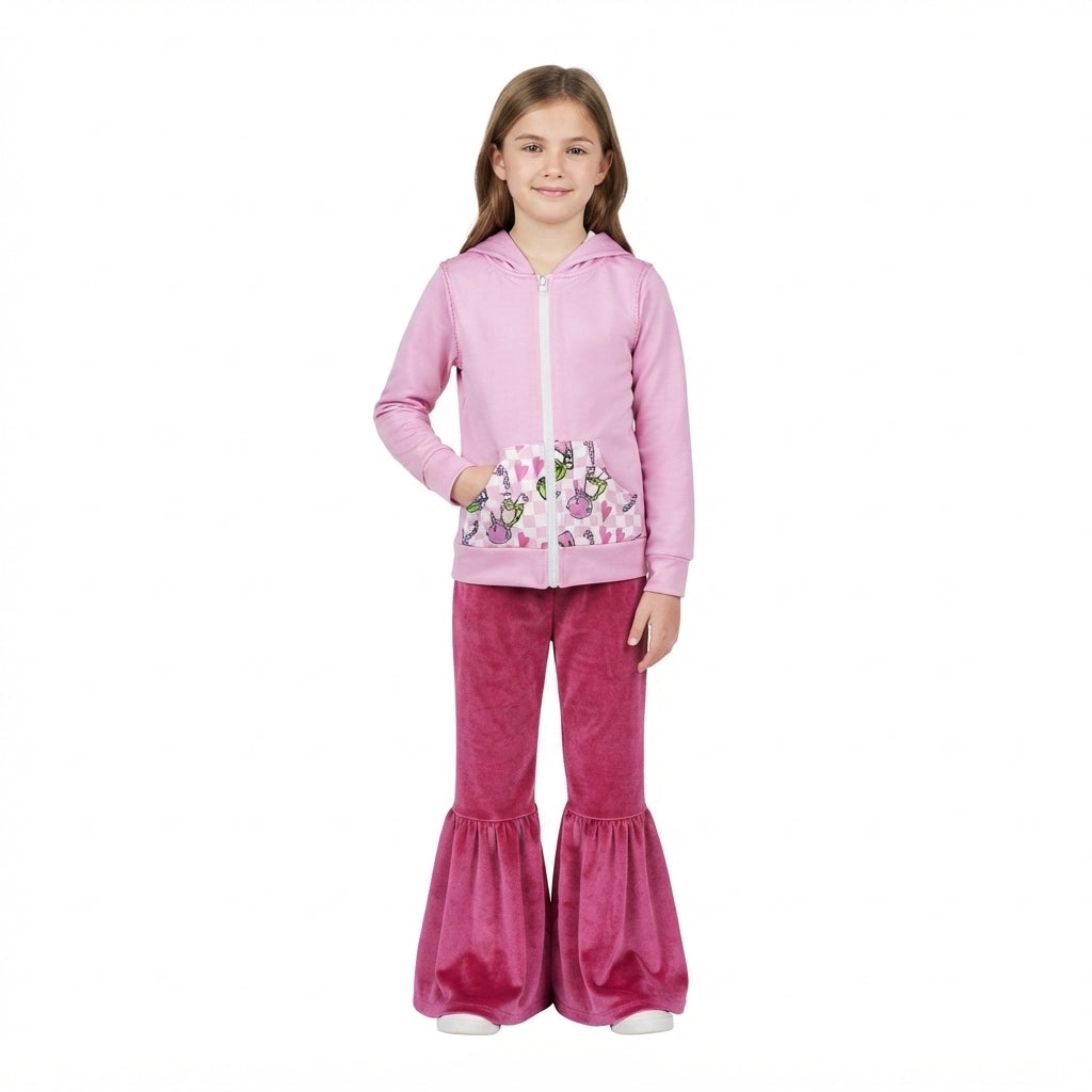 GLP3953 Green Frog Zipper Hoodie Top Velvet Bell Pants Girls Christmas Clothes Set