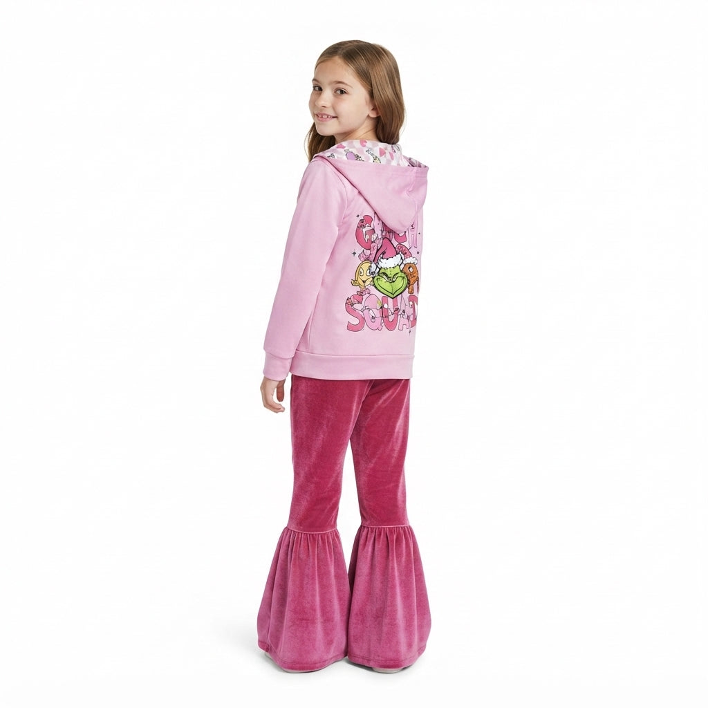 GLP3953 Green Frog Zipper Hoodie Top Velvet Bell Pants Girls Christmas Clothes Set