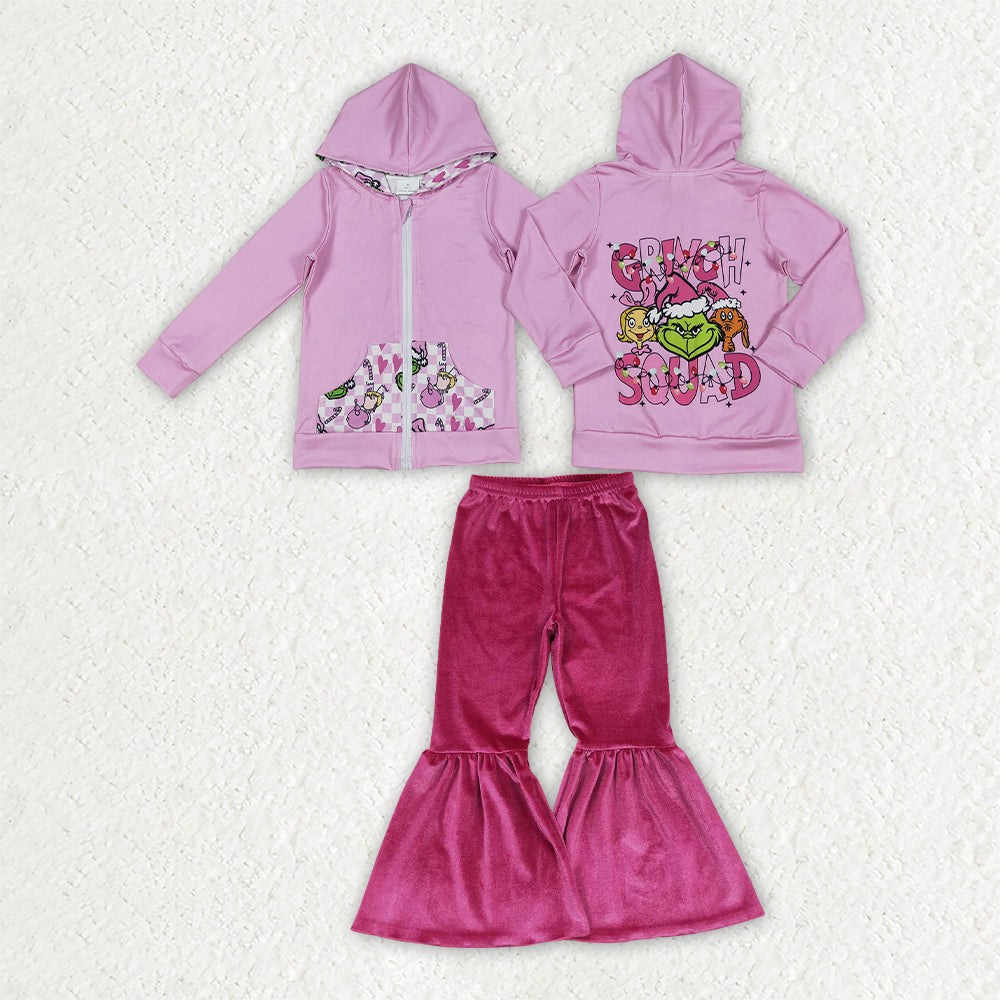GLP3953 Green Frog Zipper Hoodie Top Velvet Bell Pants Girls Christmas Clothes Set