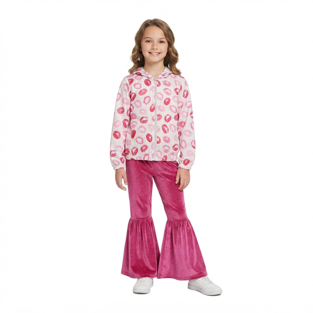 GLP3954 Lip Zipper Hoodie Top Velvet Bell Pants Girls Valentine's Day Clothes Set