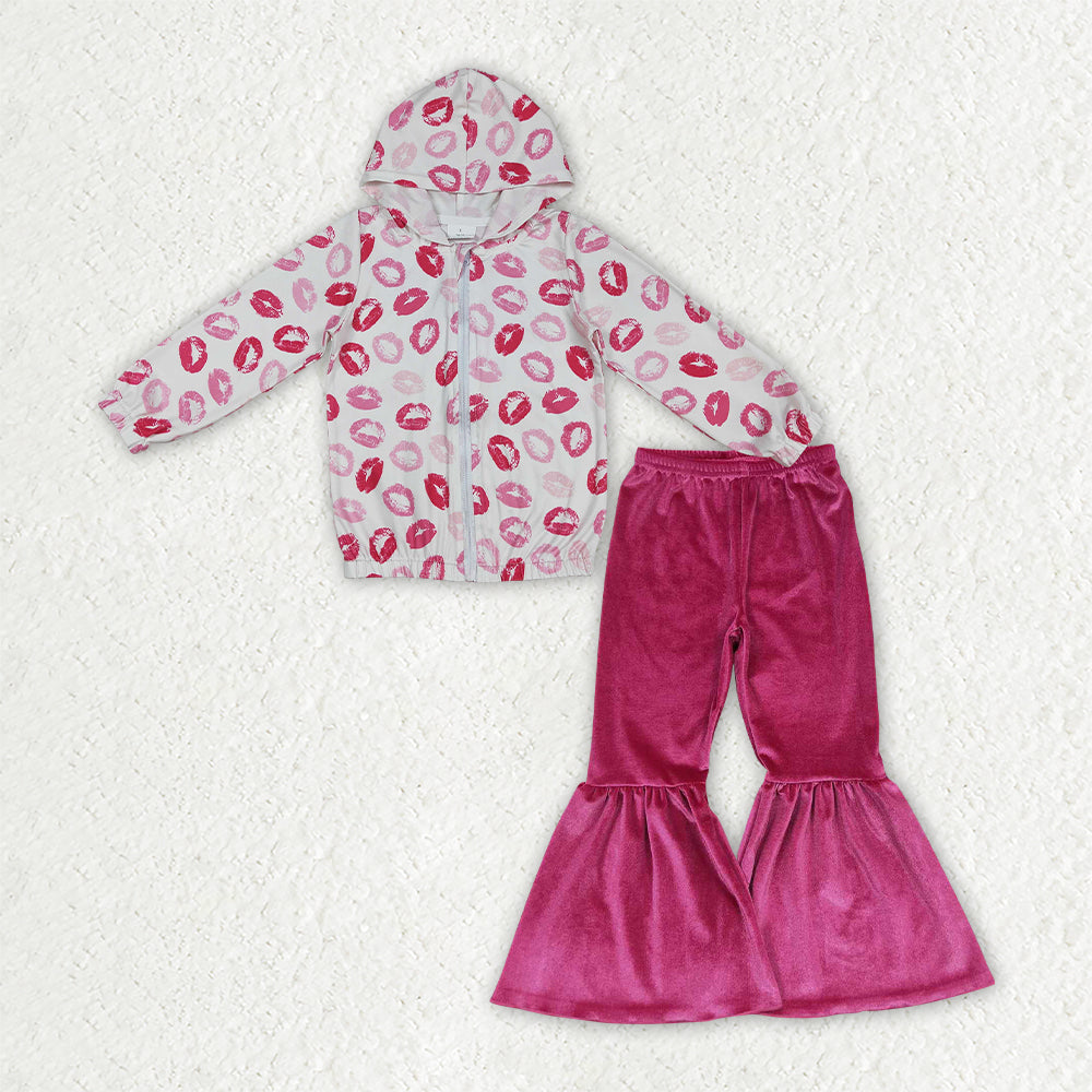 GLP3954 Lip Zipper Hoodie Top Velvet Bell Pants Girls Valentine's Day Clothes Set