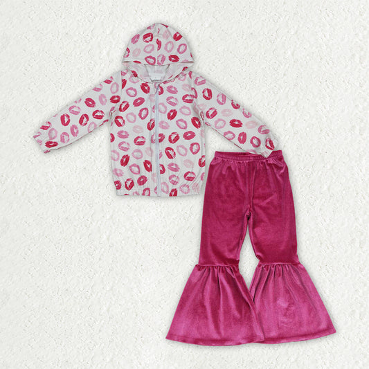 GLP3954 Lip Zipper Hoodie Top Velvet Bell Pants Girls Valentine's Day Clothes Set
