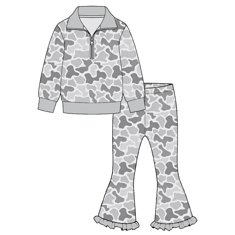 10.1 Preorder GLP3958 Baby Girls Grey Camo Pullover Top with Bell Bottom Pants Outfit