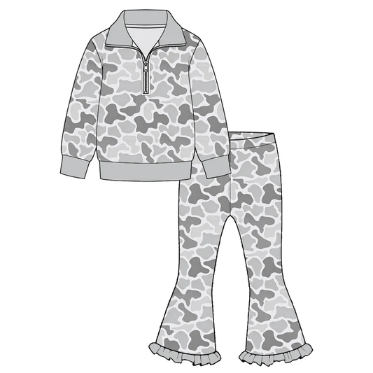 10.1 Preorder GLP3958 Baby Girls Grey Camo Pullover Top with Bell Bottom Pants Outfit