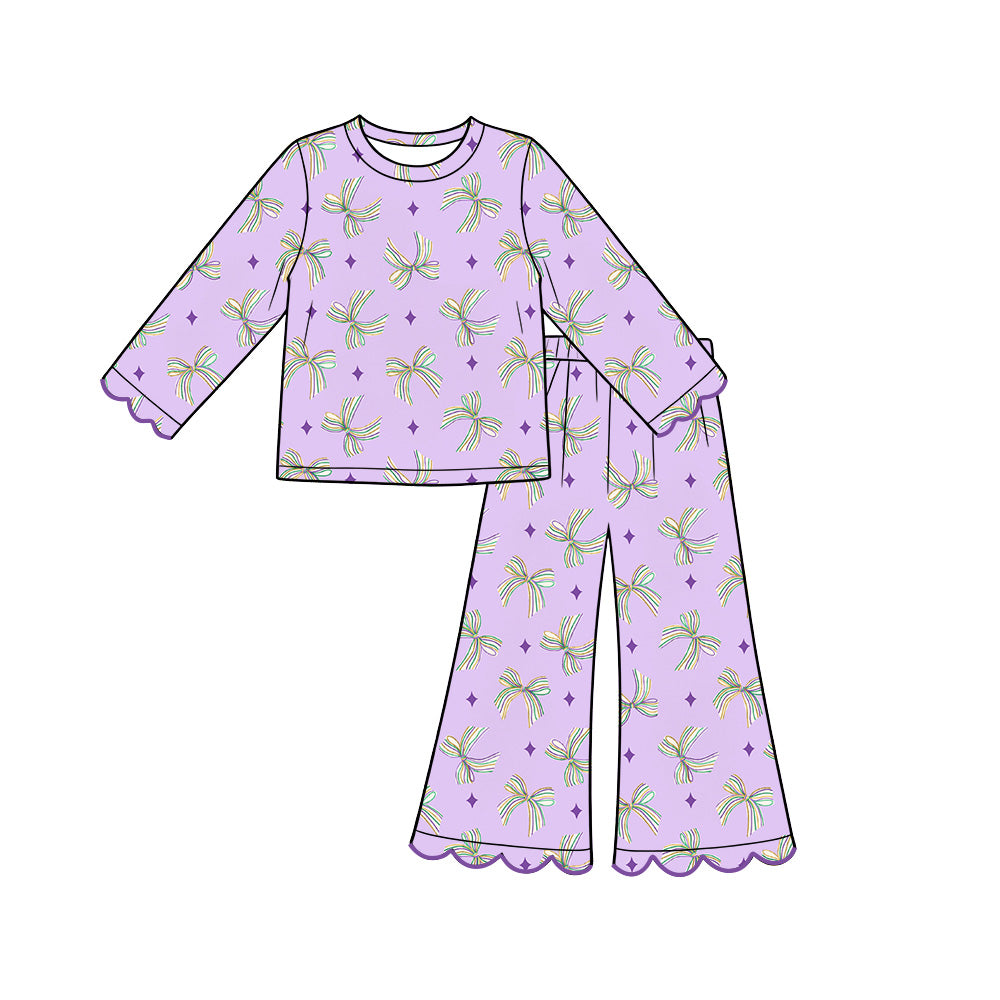 10.5 Preorder GLP39765 Bows Purple Stars Print Girls Mardi Gras Scallop Clothes Set