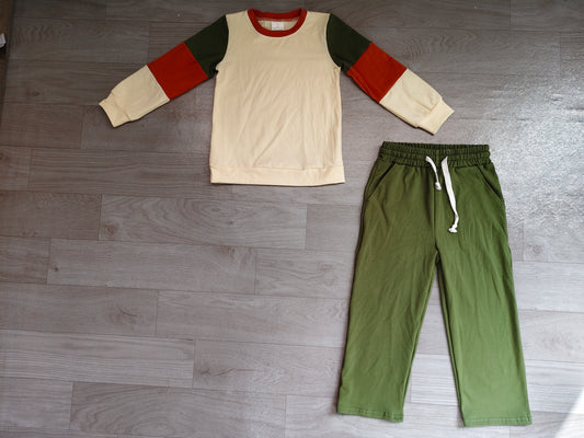 10.5 GLP3978 Preorder Color Block Sweatshirt & Green Wide Leg Pants Kids Fall Clothes Set