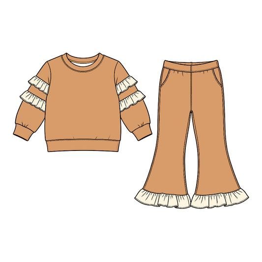10.6 GLP3982 Khaki Cotton Ruffle Top Pockets Bell Pants Girls Clothes Set