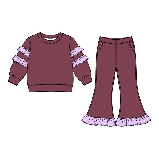 10.6 GLP3983 Wine Cotton Ruffle Top Pockets Bell Pants Girls Clothes Set