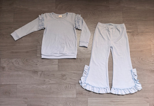 10.6 Preorder  GLP3984 Blue Cotton Bell Pants Girls Ruffle Clothes Set