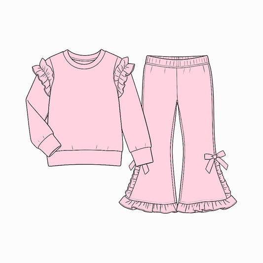 10.6 Preorder  GLP3985 Pink Cotton Bell Pants Girls Ruffle Clothes Set