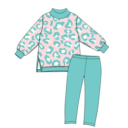 10.10 GLP3990 Preorder Kids Girls Blue Leopard Long Sleeve  Top with Leggings Set