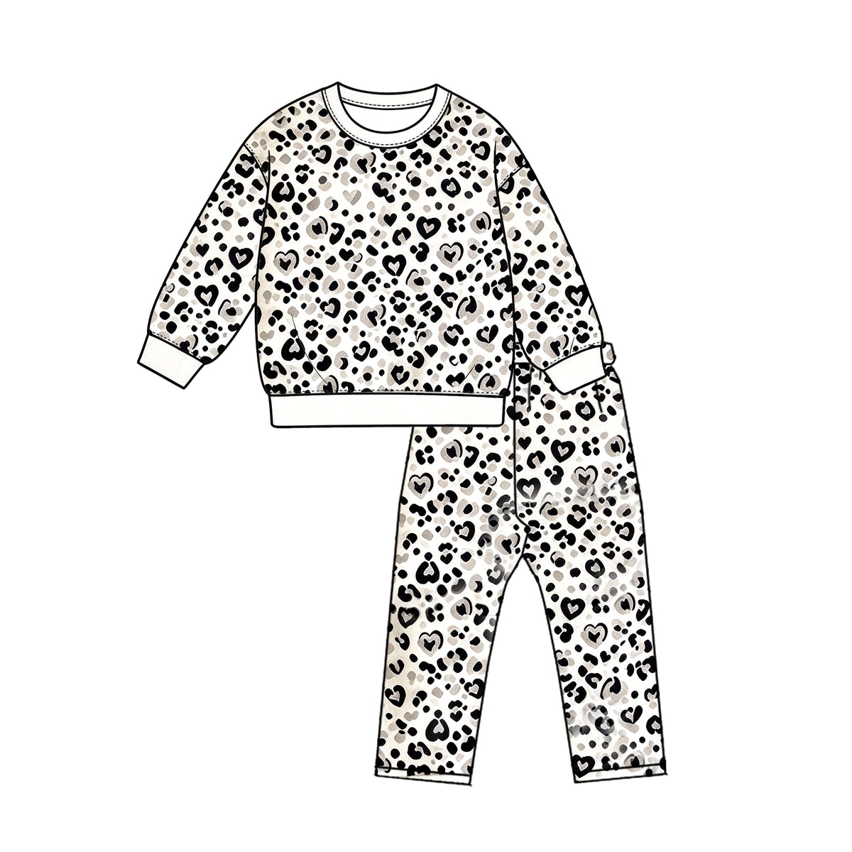 10.12 GLP3993 Preorder Heart Grey Black Leopard Print Girls Valentine's Day Clothes Set