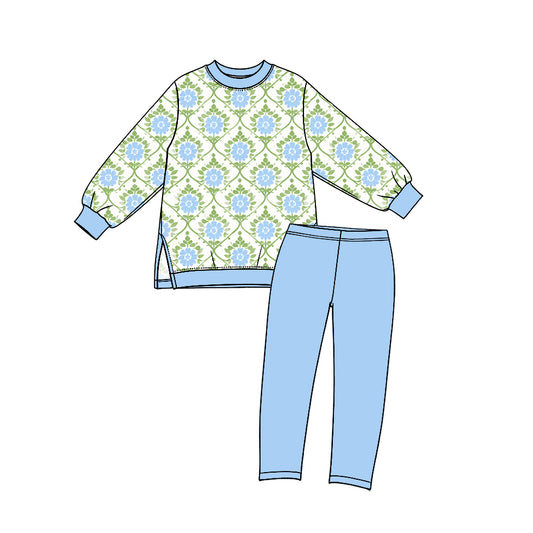 10.13 GLP3995 Preorder  Kids Girls Floral Long Sleeve Top Blue Leggings Pants Active Outfit