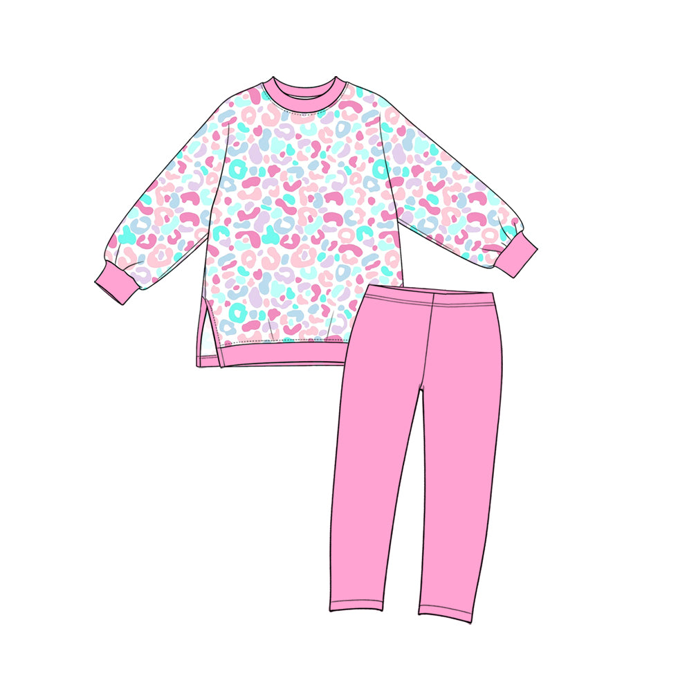 GLP4005 Preorder Kids Girls Blue Pink Leoaprd  Long Sleeve Top  Leggings Pants Active Outfit