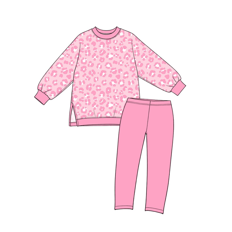 GLP4007 Preorder Kids Girls Pink Leoaprd  Long Sleeve Top  Leggings Pants Active Outfit